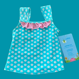 NWT i play baby girls 12 months tank swimsuit top aqua flower ruffle UPF 50+